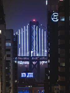 Preview wallpaper bridge, neon, backlight, night, buildings