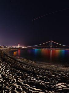 Preview wallpaper bridge, night, backlight, reflection, coast
