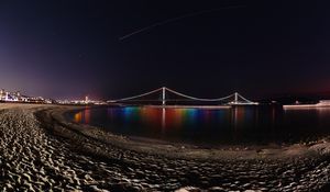 Preview wallpaper bridge, night, backlight, reflection, coast