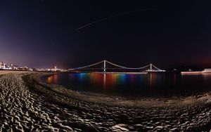 Preview wallpaper bridge, night, backlight, reflection, coast