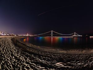 Preview wallpaper bridge, night, backlight, reflection, coast