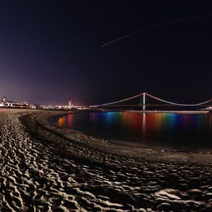 Preview wallpaper bridge, night, backlight, reflection, coast