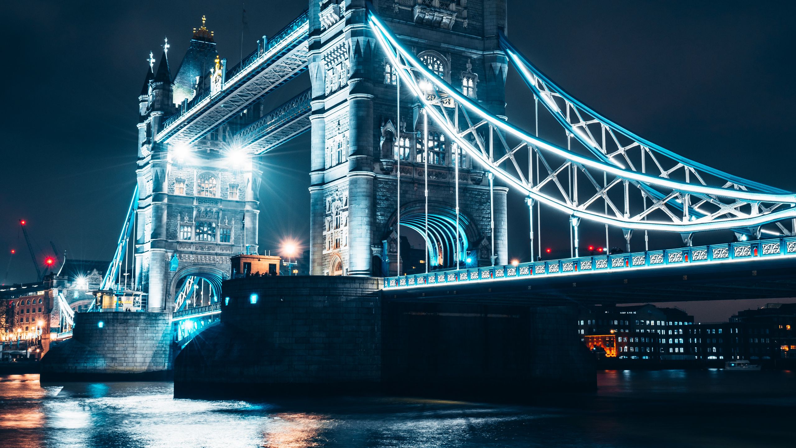 Download wallpaper 2560x1440 bridge, night city, backlight, river