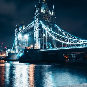 Preview wallpaper bridge, night city, backlight, river, architecture