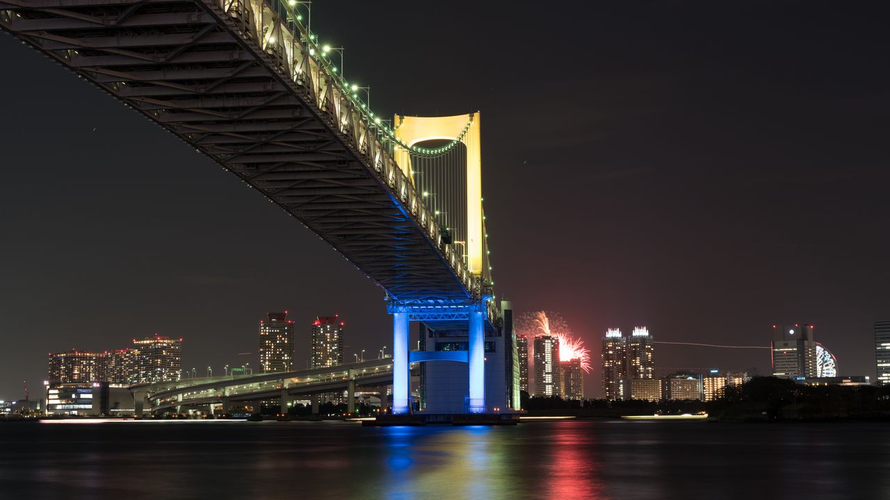 Wallpaper bridge, night city, bay, tokyo, japan