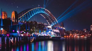 Preview wallpaper bridge, night city, city lights, sydney harbour bridge, sydney, australia