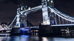 Preview wallpaper bridge, night city, city lights, lights, water, sky