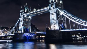 Preview wallpaper bridge, night city, city lights, lights, water, sky