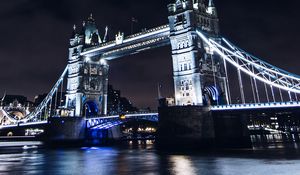 Preview wallpaper bridge, night city, city lights, lights, water, sky