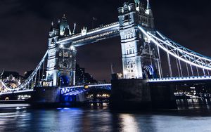 Preview wallpaper bridge, night city, city lights, lights, water, sky