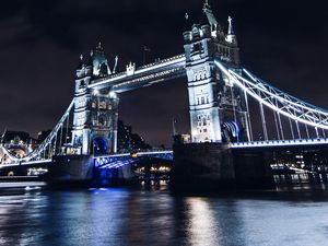 Preview wallpaper bridge, night city, city lights, lights, water, sky