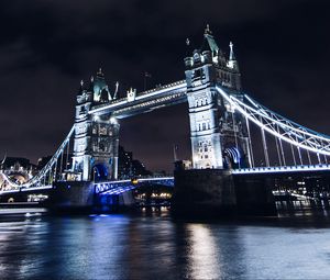 Preview wallpaper bridge, night city, city lights, lights, water, sky