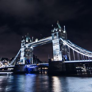 Preview wallpaper bridge, night city, city lights, lights, water, sky