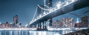 Preview wallpaper bridge, night city, coast, city lights, stones