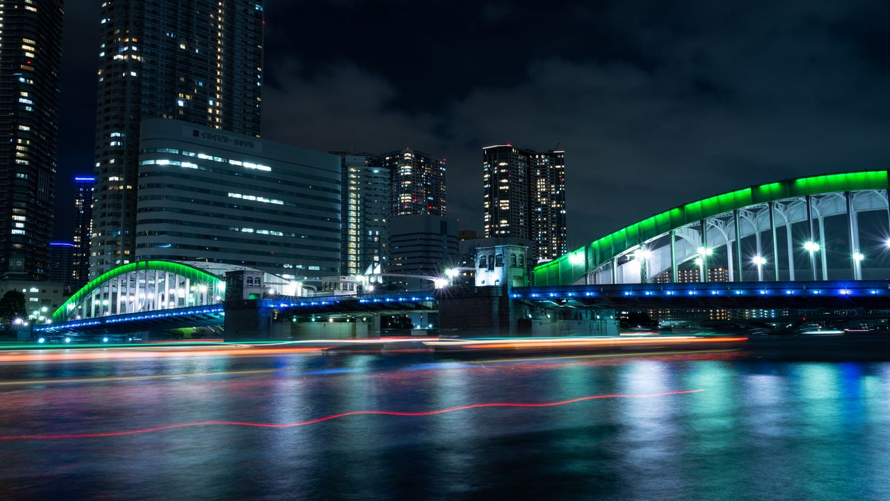 Wallpaper bridge, night city, illumination, city lights, tokyo