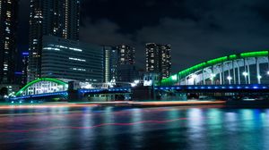 Preview wallpaper bridge, night city, illumination, city lights, tokyo