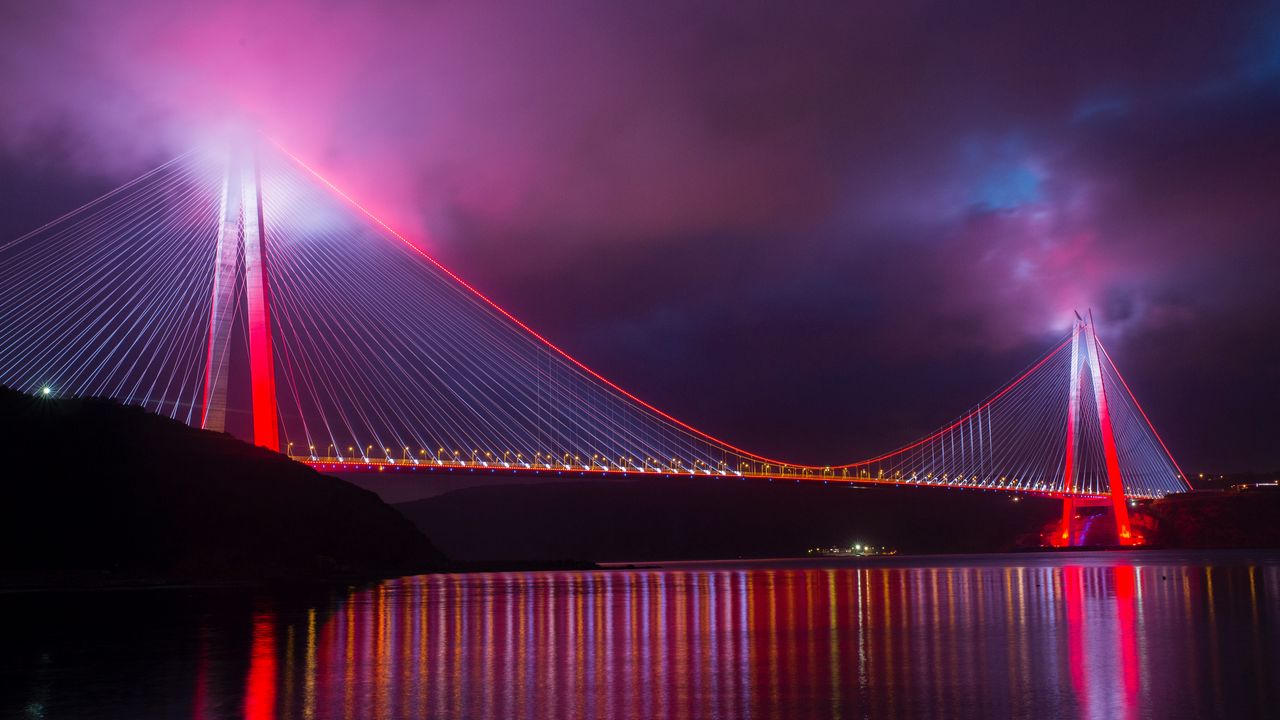 Wallpaper bridge, night city, lighting, design, turkey