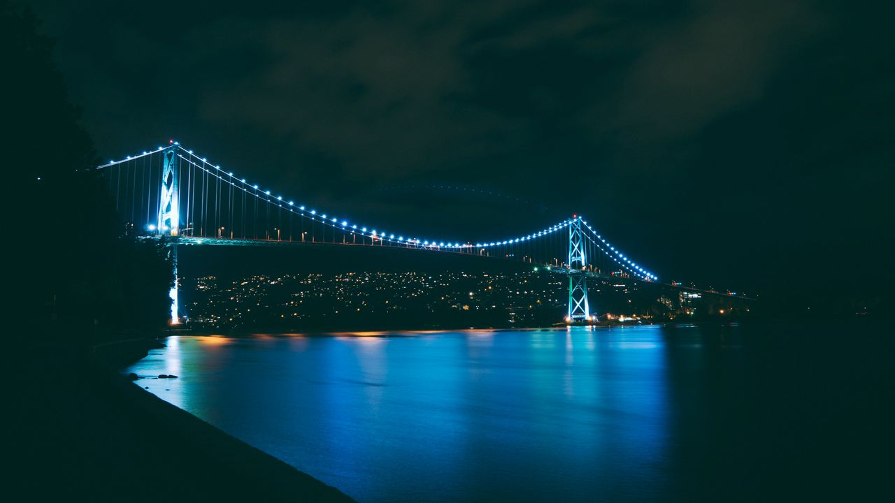 Wallpaper bridge, night city, river