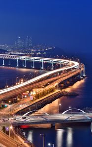 Preview wallpaper bridge, night city, skyscrapers, city lights