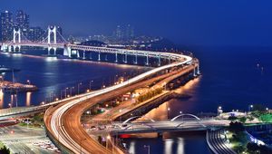 Preview wallpaper bridge, night city, skyscrapers, city lights