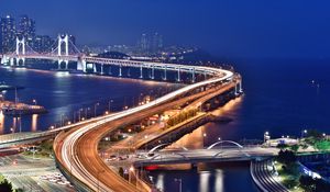 Preview wallpaper bridge, night city, skyscrapers, city lights