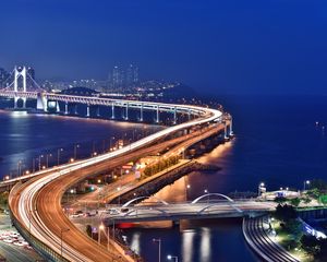 Preview wallpaper bridge, night city, skyscrapers, city lights