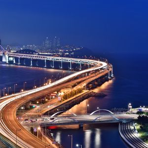 Preview wallpaper bridge, night city, skyscrapers, city lights