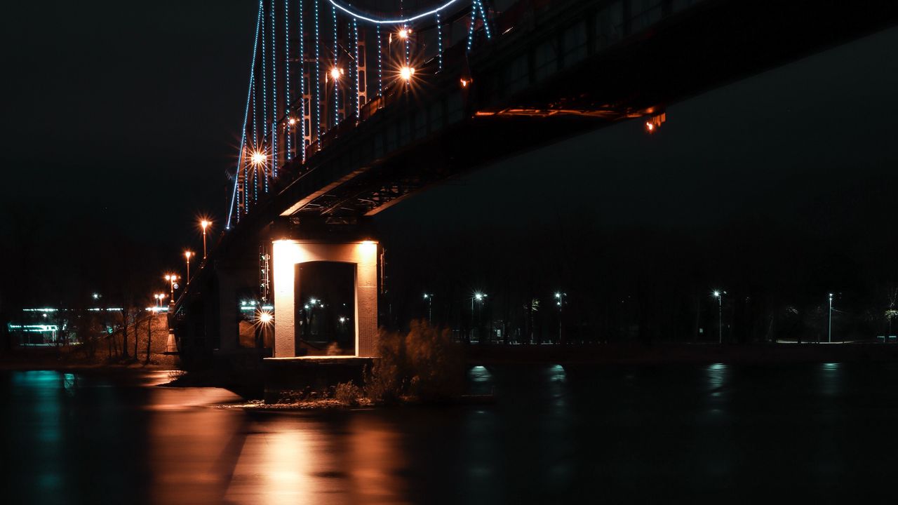 Wallpaper bridge, night, dark, lights, reflection