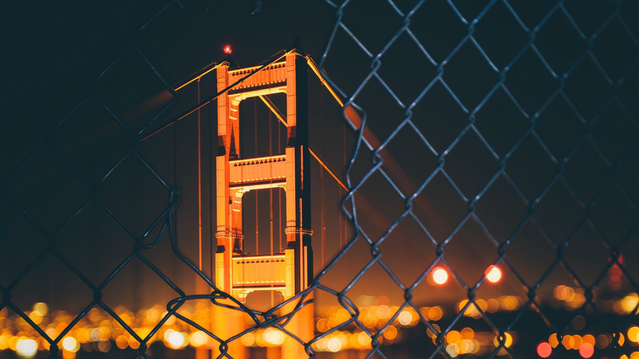 Wallpaper bridge, night, fence, mesh, blur, bokeh, glare