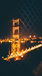 Preview wallpaper bridge, night, fence, mesh, blur, bokeh, glare