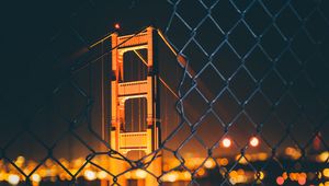 Preview wallpaper bridge, night, fence, mesh, blur, bokeh, glare