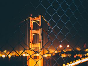 Preview wallpaper bridge, night, fence, mesh, blur, bokeh, glare