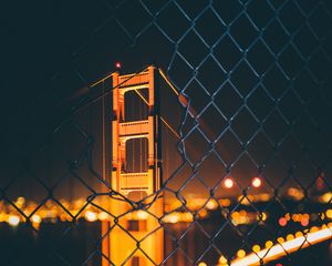 Preview wallpaper bridge, night, fence, mesh, blur, bokeh, glare