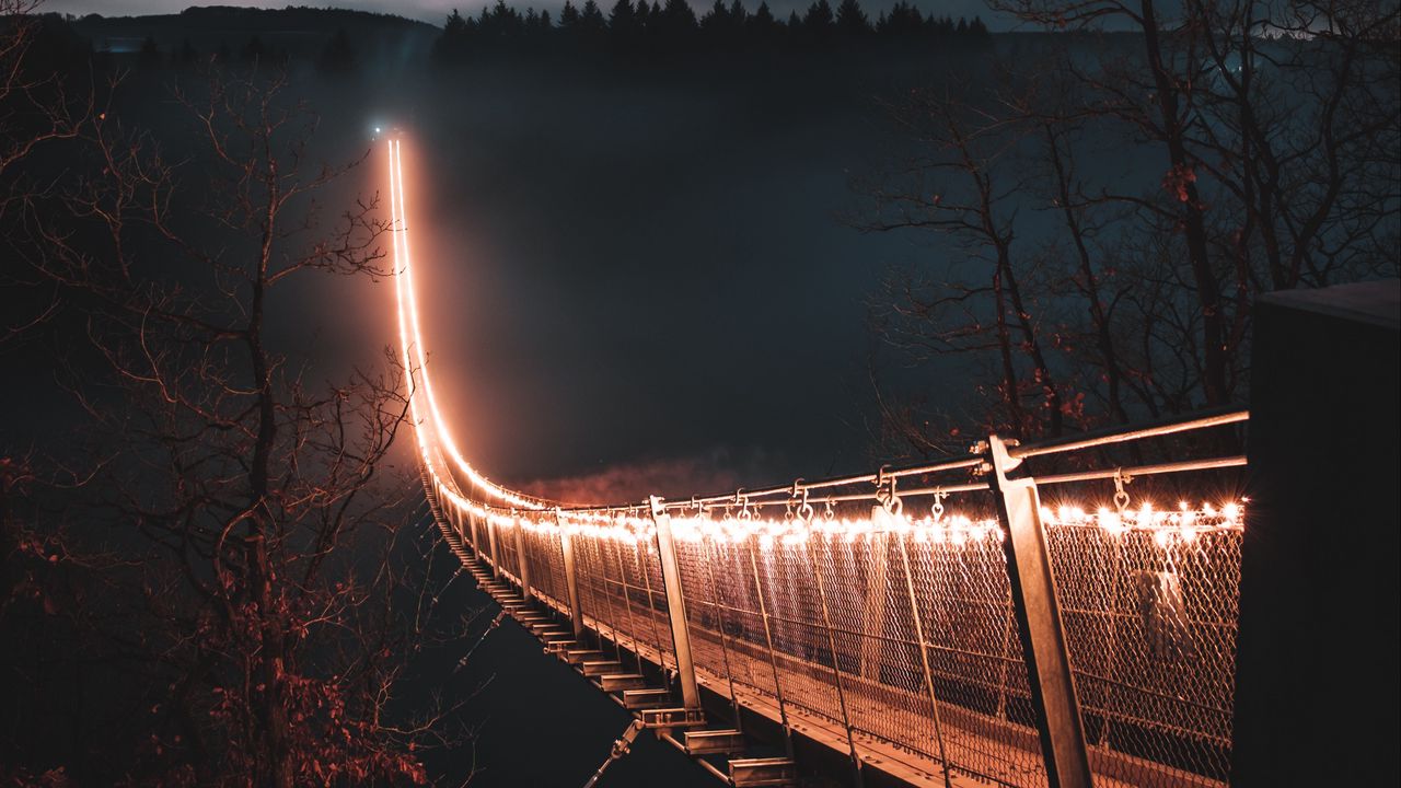 Wallpaper bridge, night, fog, trees