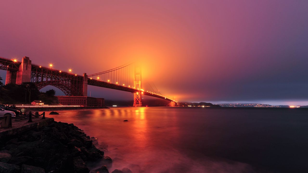 Wallpaper bridge, night, fog, backlight, bay, golden gate bridge, san francisco, usa