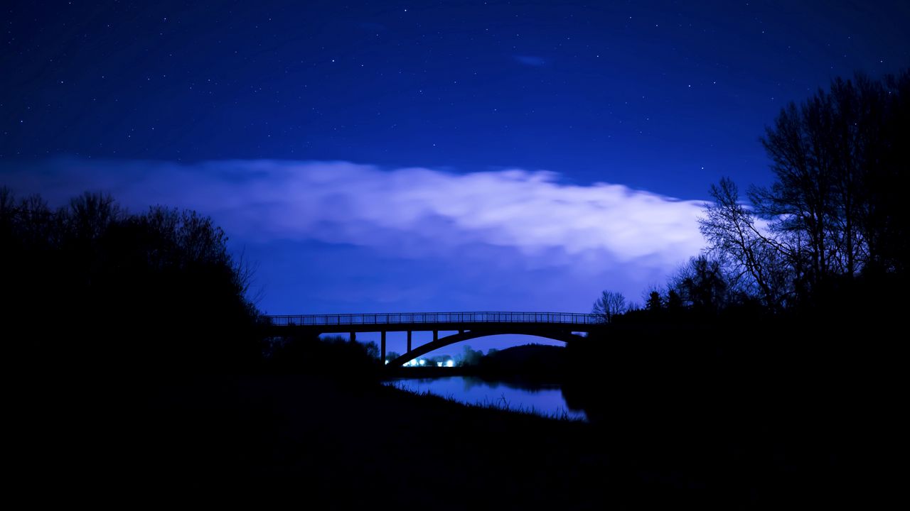 Wallpaper bridge, night, starry sky, clouds
