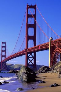 Preview wallpaper bridge, ocean, california, waves, rocks, blue sky, distance