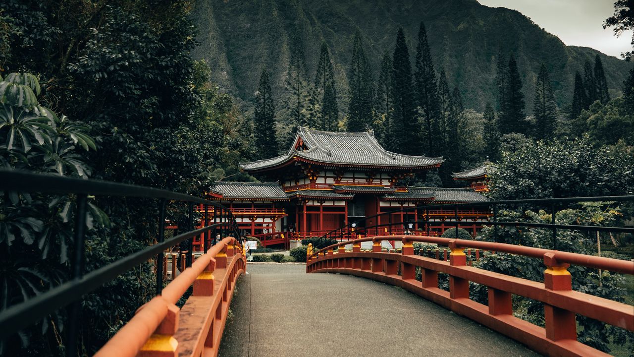 Wallpaper bridge, pagoda, temple, architecture, trees, mountains