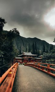 Preview wallpaper bridge, pagoda, temple, architecture, trees, mountains