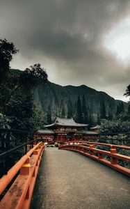 Preview wallpaper bridge, pagoda, temple, architecture, trees, mountains