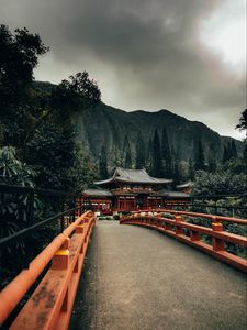 Preview wallpaper bridge, pagoda, temple, architecture, trees, mountains