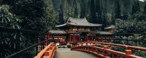 Preview wallpaper bridge, pagoda, temple, architecture, trees, mountains