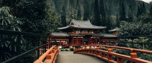 Preview wallpaper bridge, pagoda, temple, architecture, trees, mountains