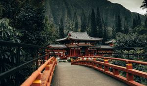 Preview wallpaper bridge, pagoda, temple, architecture, trees, mountains