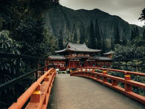 Preview wallpaper bridge, pagoda, temple, architecture, trees, mountains