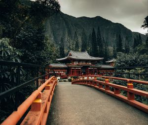 Preview wallpaper bridge, pagoda, temple, architecture, trees, mountains