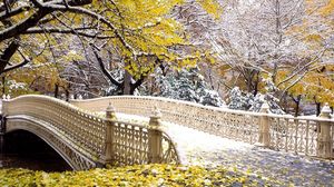Preview wallpaper bridge, park, autumn, leaves, snow