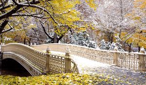 Preview wallpaper bridge, park, autumn, leaves, snow