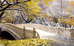 Preview wallpaper bridge, park, autumn, leaves, snow