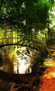 Preview wallpaper bridge, park, river, track, trees, gleams